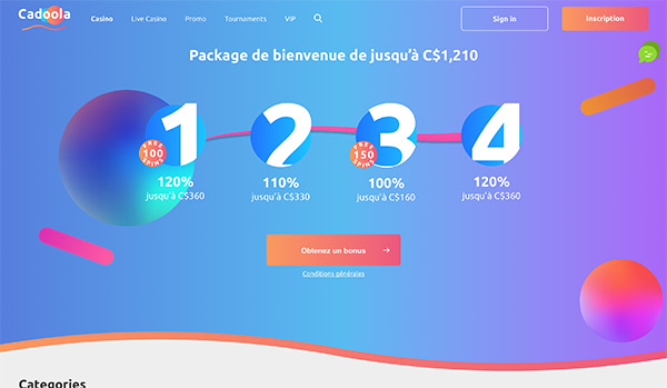 L'interface de Cadoola Casino