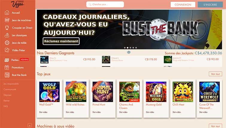 L'interface de Extra Vegas Casino