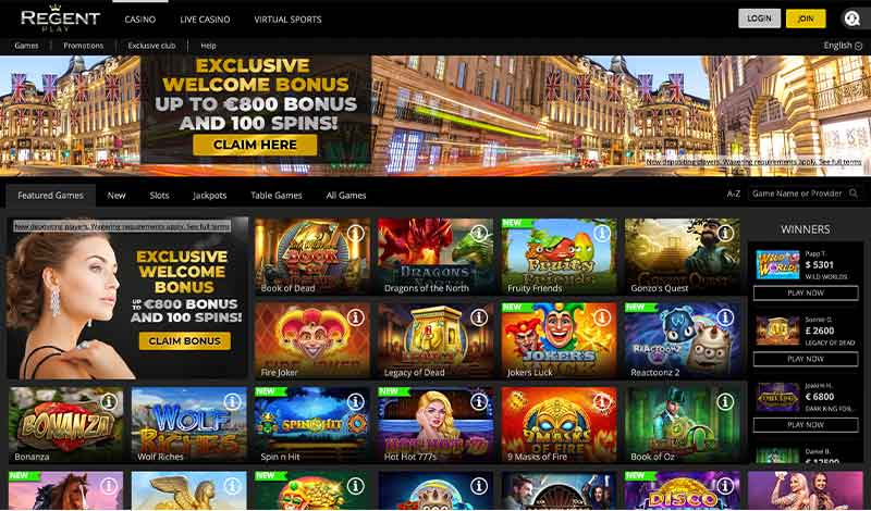 L'interface de Regent Casino